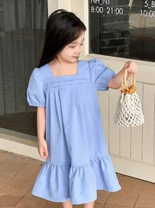 SHEIN Carino abito midi in poliestere azzurro chiaro per ragazze giovani con scollo quadrato e maniche corte a palloncino, ritorno a scuola per ragazze - Blu - Visualizzare 3