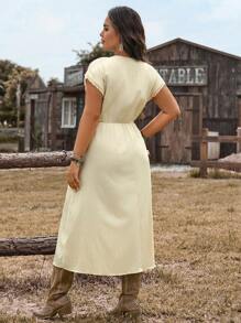 LanaWest 大码 V 领蕾丝边拼接短袖连衣裙 - 彩色 - 查看 2