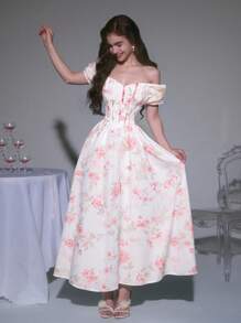 SHEIN MOD 女士夏季优雅碎花欧根纱露肩连衣裙、舞会礼服、女士碎花连衣裙、优雅女士连衣裙、夏季连衣裙、波西米亚风、女士正式派对礼服、女士长裙 - 彩色 - 查看 1