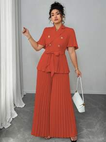 Elenzga Ensemble deux pièces femme grande taille élégant et simple d'été, avec un Top ample à manches courtes plissées et une jupe