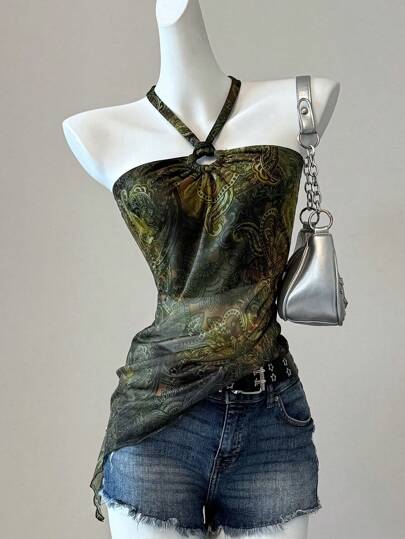 SHEIN EZwear Y2K 复古 Grunge 锐舞休闲复古印花网纱露背吊带上衣，透视上衣