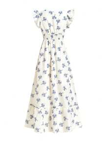 Gownix Elegant Women's White And Blue Floral Textured Print Dress,Summer Garden Party Outfits,Island Vacation Honeymoon Fairycore Boho Style Summer Outfits - Blue - View 8
