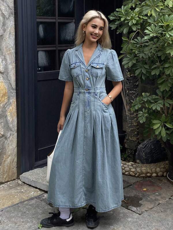 DAZY Western Wash Denim Dress With Sweety Puff Sleeves For Women, Summer