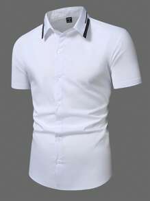 Calvornis Men's Casual Contrast Trim Short Sleeve Shirt, Summer - White - View 4