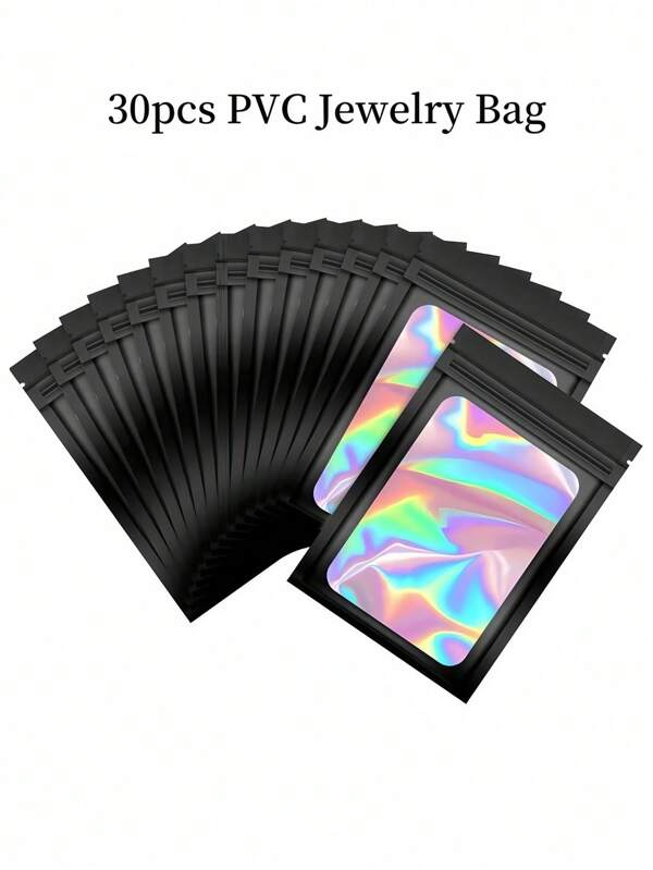 30pcs PVC Jewelry Storage Bag, Laser Transparent Black Packaging Bag,Sealable Bags For Packaging,Minimalist Solid Jewelry Bag For Bracelets, Home Gift For Valentine's Day