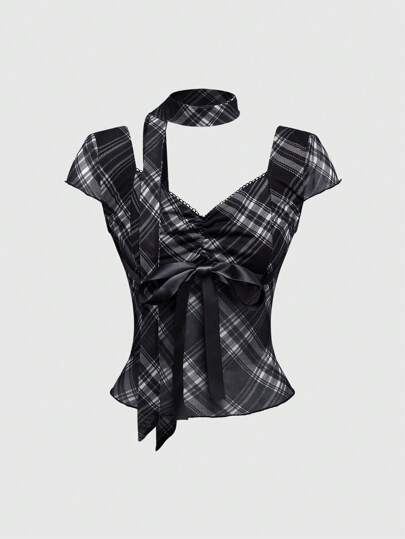 J-Fashion Y2K Cute Tie Front Plaid T-Shirt For Women, Summer