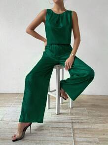 SHEIN Unity 女士时尚金属色长裤两件套新年节日派对服装 - 綠色 - 查看 6