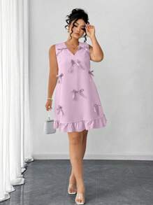 Elenzga 大码女式优雅纯色蝴蝶结装饰无袖A字连衣裙 - 紫色 - 查看 4