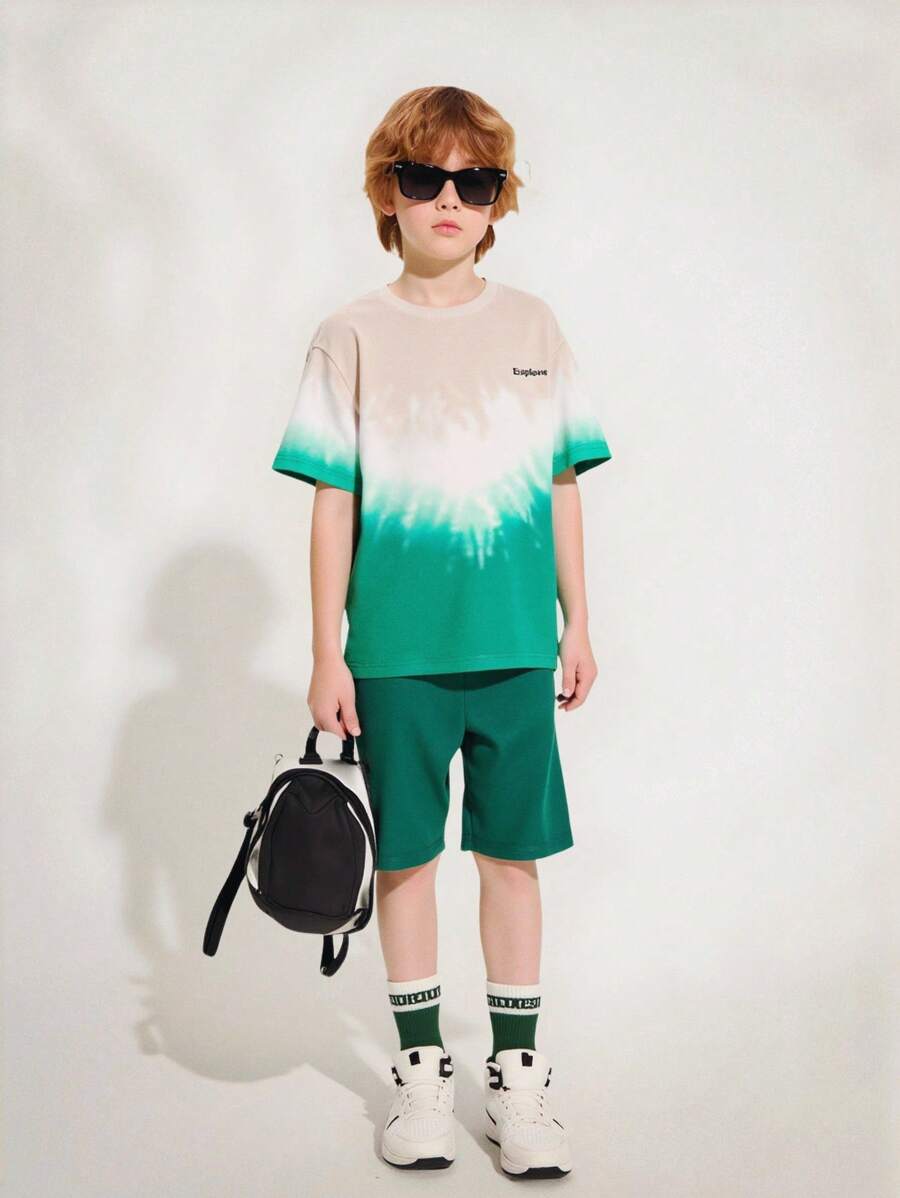 SHEIN Explorewe Tween Boy Short Sleeve Crew Neck T-Shirt + Shorts Set, Minimalist Fashion Casual Daily Wear - Multicolor - View 1