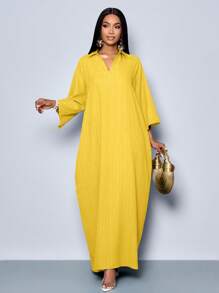SOLERSUN 女士时尚 V 领宽松蝙蝠袖无腰带连衣裙，适合假日长款女装 - 黃色 - 查看 8