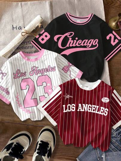 SHEIN 3pcs/Set Tween Girls Casual Striped #23 & City Letter Graphic Short Sleeve Crew Neck T-Shirts, Suitable For Summer