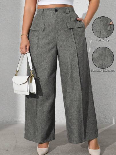 Vionelle Pantalones de traje informales de talla grande para mujer en unicolor con botones delanteros y bolsillos falsos