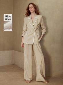 MOTF PREMIUM LINEN CONTRAST TRIM SUIT PANTS - Khaki - View 1