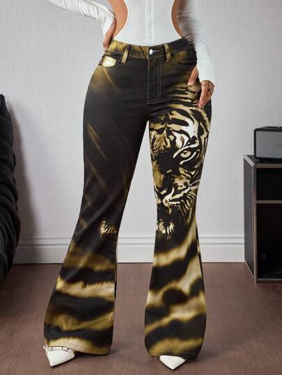 Jeanoix 女士时尚休闲扎染虎纹喇叭牛仔裤