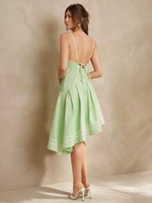 L'Amorae SOLID COLOR COTTON SPANDEX Asymmetrical NECK SLEEEVELESS DRESS - Green - View 2