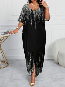 SHEIN Lady Váy dạ hội tay ngắn Kaftan cho mùa xuân và mùa hè, mùa thu và mùa đông, trang phục dự tiệc, đi làm, công sở, nhiều màu sắc, dệt kim, xẻ tà, váy cỡ lớn - màu đen - Xem 3