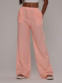 MUSERA Summer Textured Linen Feel Tie Waist Trousers Vacation Holiday Airport Beach Casual - Orange - View 3