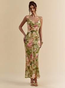SHEIN BAE 扎染花卉印花垂坠领露背修身长裙，性感优雅度假连衣裙，适合海滩度假，春夏季 - 綠色 - 查看 4