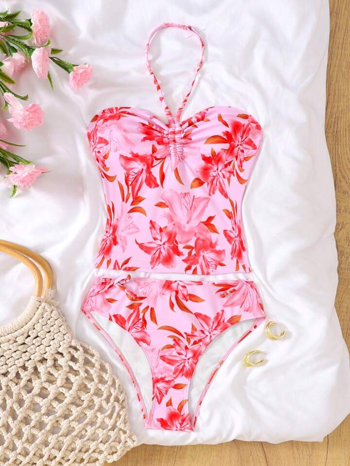 SHEIN Tween Girls Casual Beach Vacation Halter Neck Ruffled Floral Print Top met Zijstrik Driehoeksbroekje Badpakset