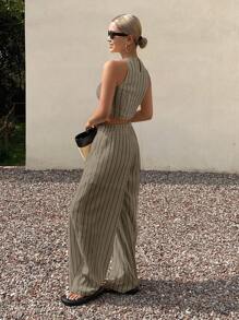 Livesso Bộ đồ 2 món thường ngày sọc và quần túi mùa hè cho nữ - Màu Khaki - Xem 2