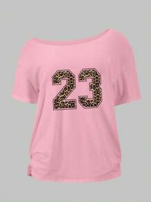 Flirla 大码女式豹纹印花不对称领袖T恤，粉色23号印花