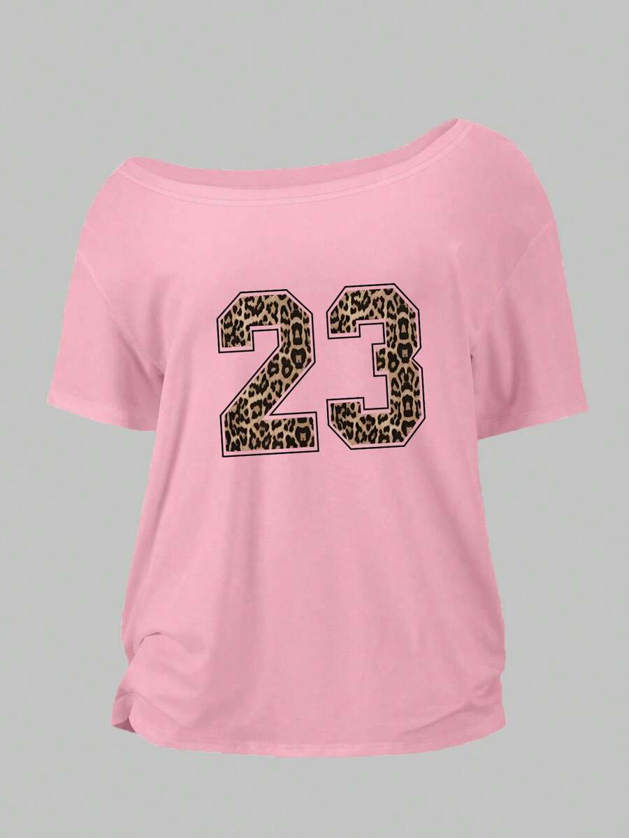 Flirla 大码女式豹纹印花不对称领袖T恤，粉色23号印花