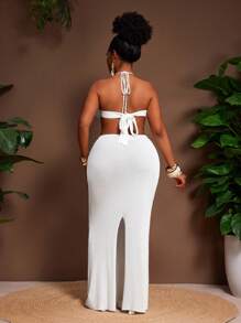 Slaydiva Rochie maxi albă, lungă, mulată, mărime plus, elegantă pentru vacanță, primăvară/vară - alb - Vizualizare 2