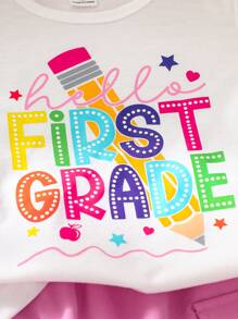 2pcs/Set Young Girls Commuter Casual Top With Printed Graphics And Plain Color Shorts, Spring/Summer Girls Clothes Back To School Outfit Girl First Grade Clothes Girl Summer Holiday