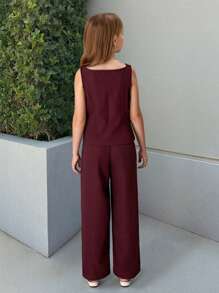 SHEIN 2pcs Tween Girls Set: Casual Fashion Tank Top Vest And Extra Long Pants Girls Wide Leg Pantsuit