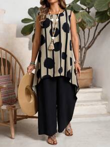 EMERY ROSE 2 件女式加大码全身印花圆领不对称下摆背心和纯色长裤套装，送给妈妈的礼物，暑假，女士度假装，简约时尚，适合日常穿着，度假氛围，春假，春夏休闲装，波西米亚风，2 件夏季服装