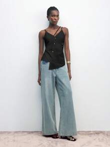 SHEIN Maija 2025 秋冬新款上衣，适合音乐节、早午餐、毕业典礼、户外活动、海滩度假、假日设计，不对称剪裁，金属手工缝制纽扣装饰，隐形后拉链，合身廓形，时尚简约百搭优雅休闲派对女式上衣吊带背心复古风格 - 黑色 - 查看 7