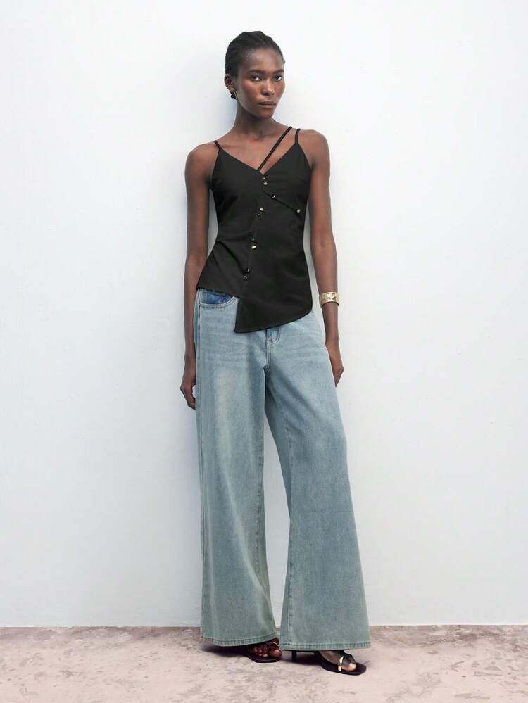 SHEIN Maija 2025 Autumn/Winter New Arrival Top, Suitable For Music Festival, Brunch, Graduation, Outdoor Activities, Beach Vacation, Holiday Design, Asymmetric Cut, Metal Hand-Sewn Button Decor, Invisible Back Zipper, Fitted Silhouette, Fashion Minimalist Versatile Elegant Casual Party Women Top Camisole Vintage Style