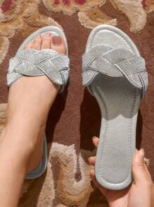 CUCCOO TILAWA Fashionable Women's Slip-On Mule Flats With Rhinestones Woven Design, Gold Color, Perfect For Commute, Dating, Party - Gold - View 6