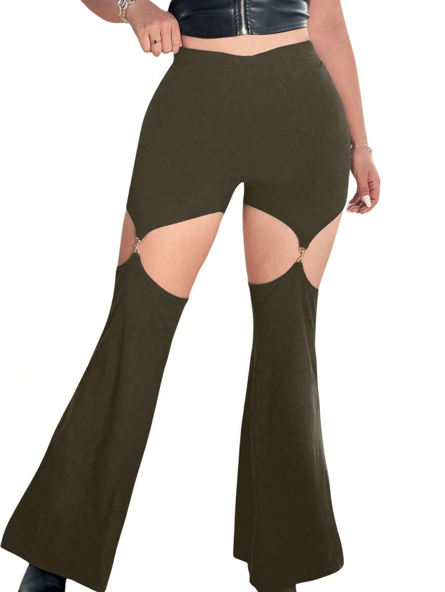 SHEIN MOOSTA Plus Festival, Boho, Hippie, Cowgirl, Old Money Solid Color Hollow Out Sexy Skinny Flare Pants Fall Cloth For Women