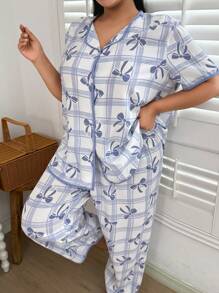 SHEIN 大码格子蝴蝶结印花短袖上衣和裤子家居服套装