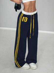 StreetHx 女式复古休闲运动运动裤，带数字印花和腰部拼接细节，春夏