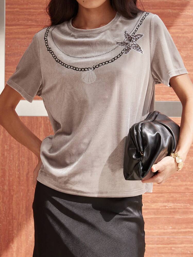 Women's Oversized Short Sleeve T-Shirt With Velvet, Sequin, Beaded And Embroidered Ocean Motifs, Elegant Casual Style, Summer