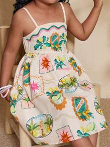 Travachic KIDS Váy đi nghỉ bằng vải chiffon in hình cây nhiệt đới cho bé gái - Nhiều màu - Xem 5