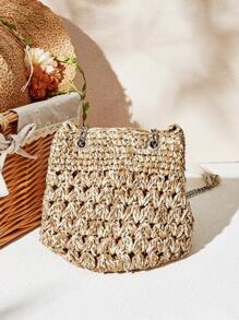 SHECARRY 时尚百搭度假休闲编织单肩包 - 卡其色 - 查看 6