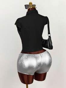 Amplova 女式高领落肩镂空修身束腰衬衫 - 黑色 - 查看 4