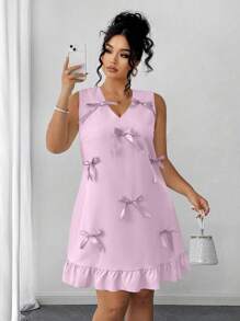 Elenzga 大码女式优雅纯色蝴蝶结装饰无袖A字连衣裙 - 紫色 - 查看 1