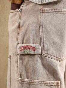 SUMWON Quần short denim thợ mộc nhiều túi tiện dụng Quần áo làm việc mùa hè phong cách Cargo kaki vải bạt rộng rãi - Màu Khaki - Xem 6