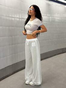 StreetHx 女式数字印花拼接腰部休闲运动街头复古风格长款运动裤，春夏 - 淺灰色 - 查看 3