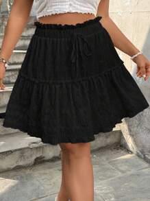 SHEIN VCAY 加大码纹理拼布裙黑色荷叶边裙女士黑色裙子分层荷叶边裙女士裙子休闲裙 - 黑色 - 查看 1