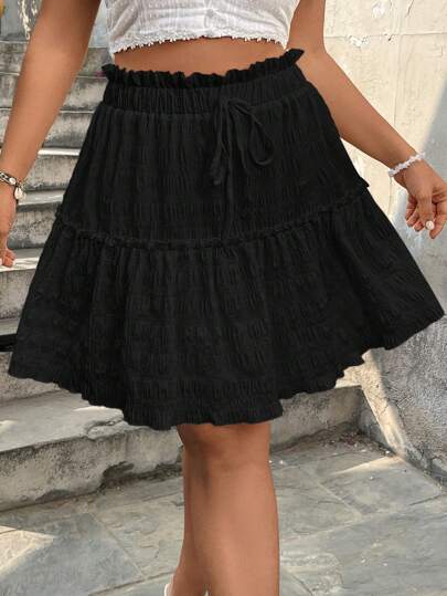 SHEIN VCAY Plus Size Texturerad Patchwork Kjol Svart Volangkjol Svart Kjol För Dam Flerstegs Volangkjol Damkjol Casual Kjol