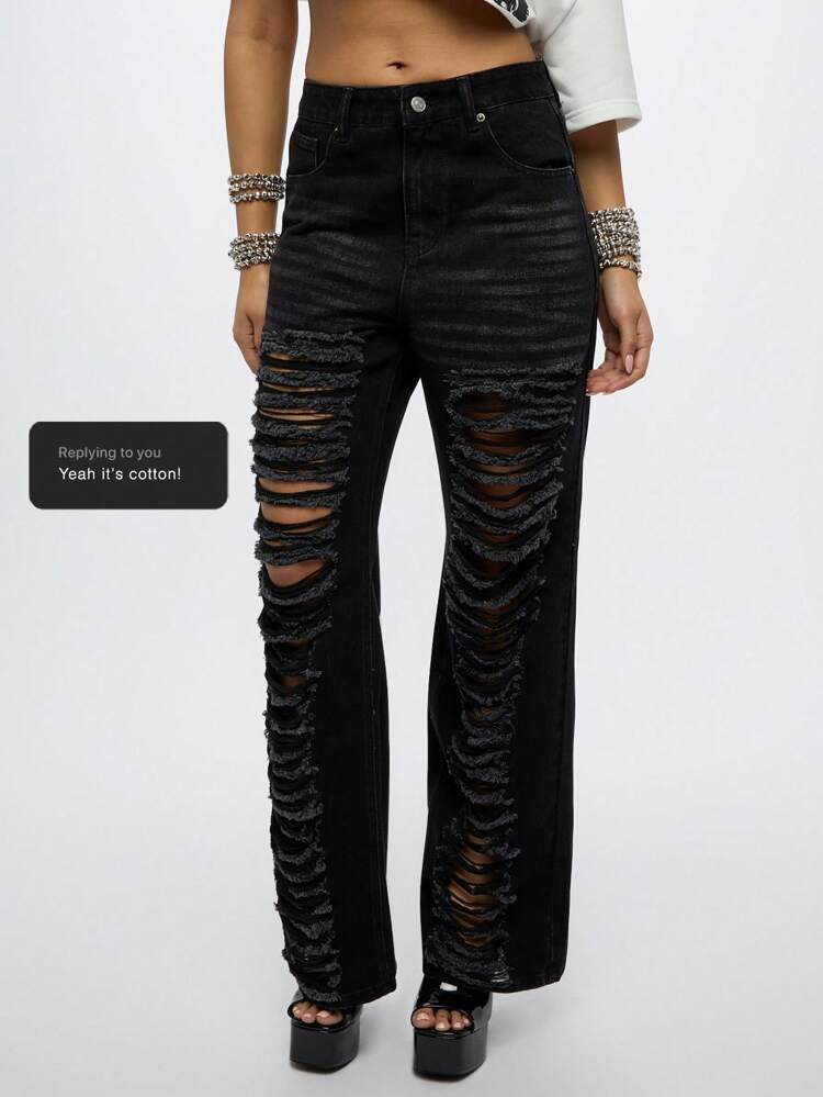 SUMWON WOMEN Heavily Distressed Wide Leg Baggy Jeans