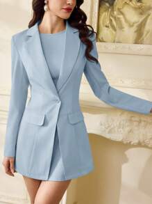 Vintamour 复古优雅女士两件套服装日常商务女士服装专业翻领西装外套和无袖连衣裙商务休闲