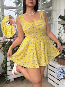 SHEIN EZwear 大码女式碎花无袖连体裤，带口袋 - 黃色 - 查看 8