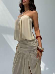 Aloruh 女士新款杏色露肩露背连衣裙，褶皱简约设计长裙，飘逸连衣裙，透视女士连衣裙，春夏季沙滩裙海滩度假装，奶油黄色女士夏季连衣裙 - 杏色 - 查看 1