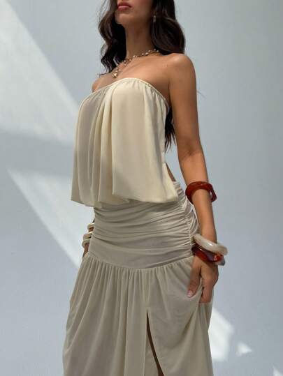 Aloruh Damklänning med aprikosfärgad axelbandslös rygglös, veckad minimalistisk design, böljande klänning, genomskinlig damklänning för vår och sommar, strandklänning, strandsemesterkläder, smörgula sommarklänningar för kvinnor